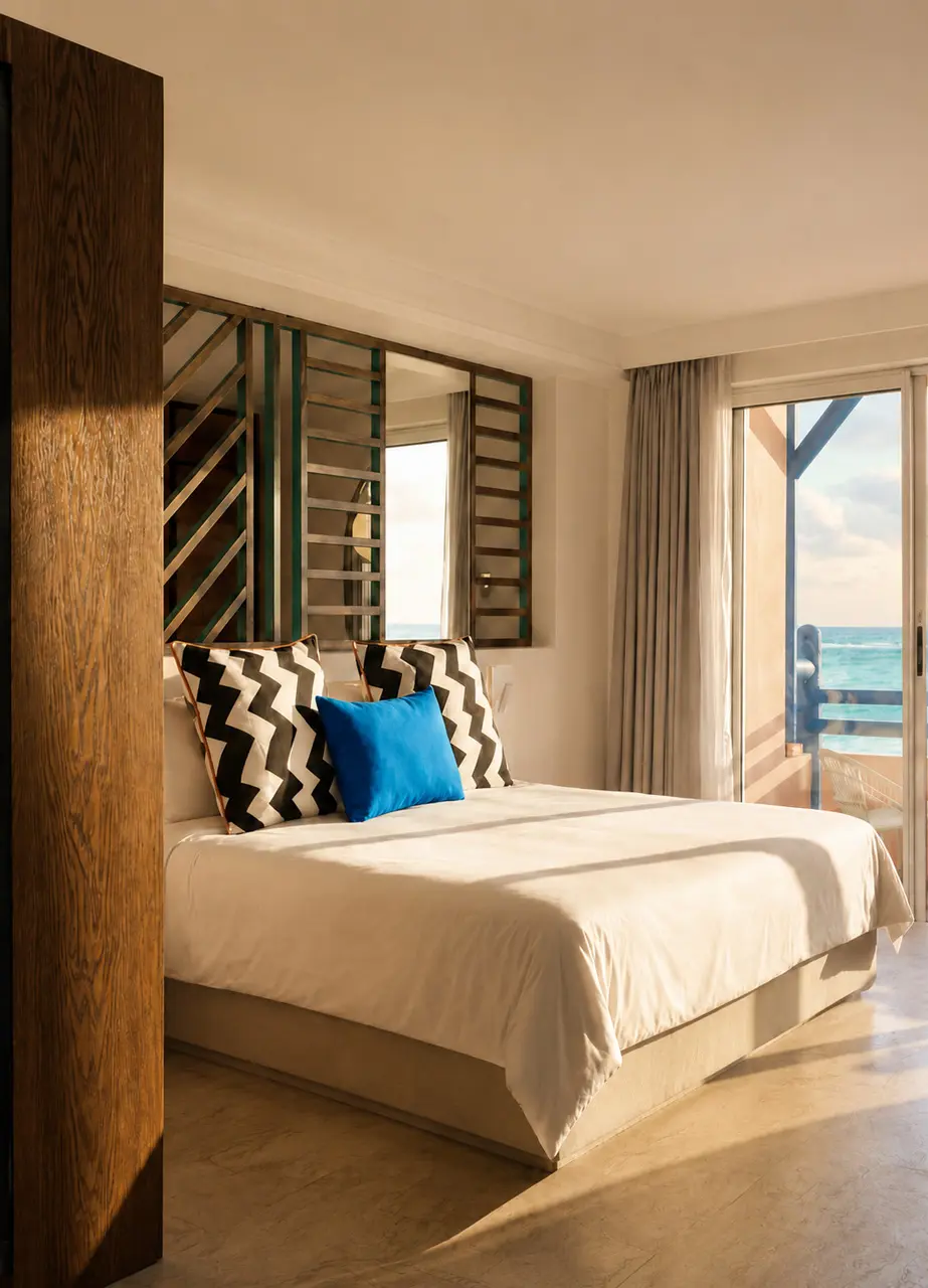 Bang on Beach - Sunlit hotel room with a king-size bed, patterned cushions, and a private balcony overlooking the ocean.