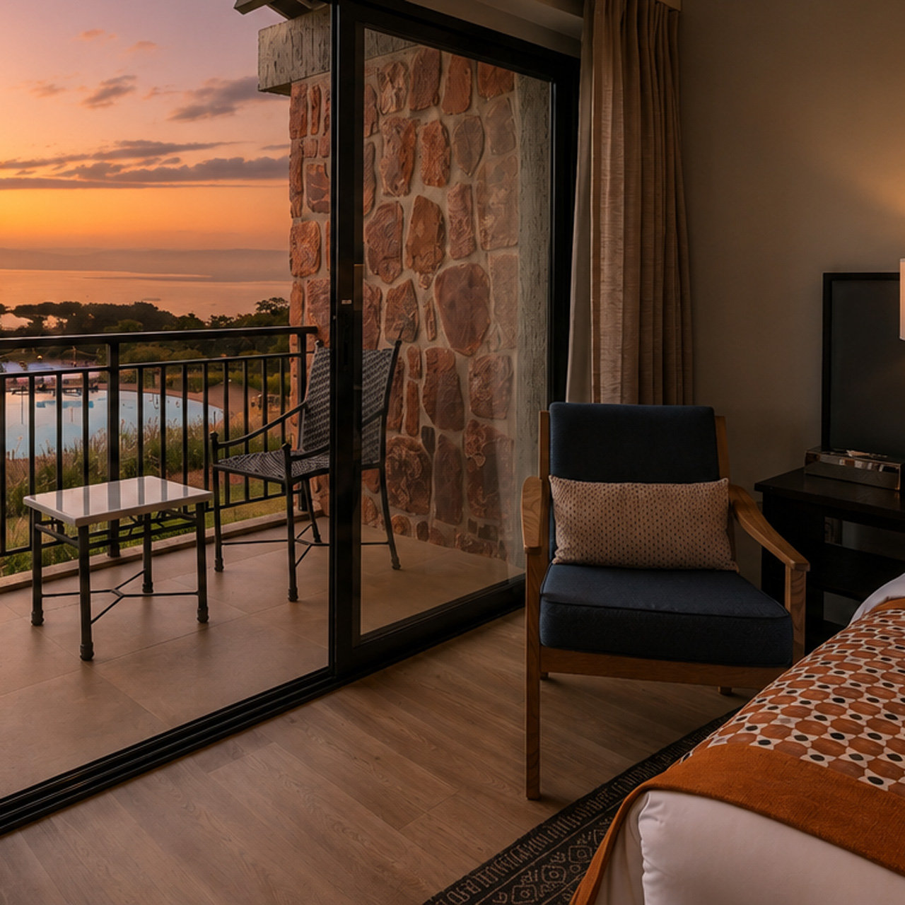 Forest View Room with private balcony overlooking Lake Ihema at sunset.