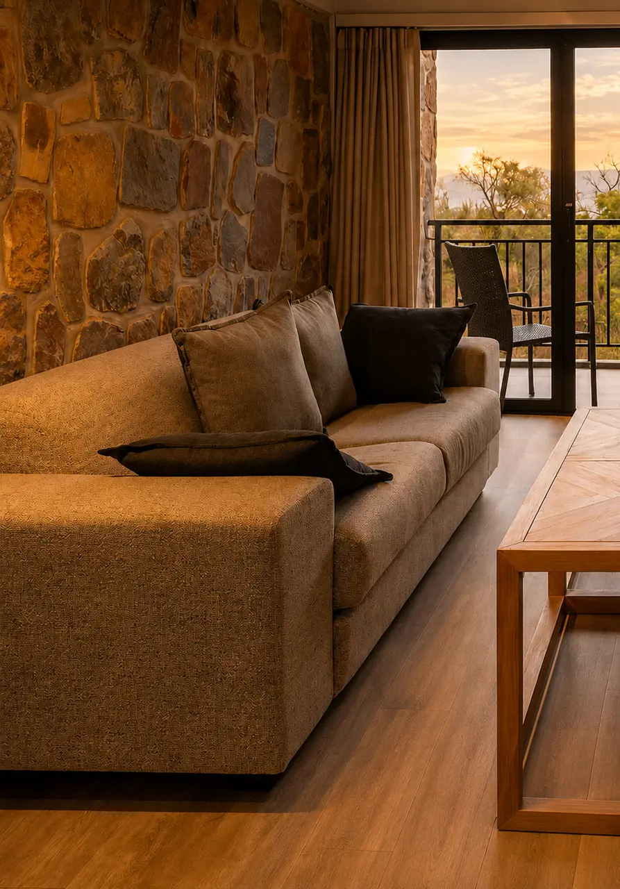 Family Junior Suite living area with private balcony at SALT of Akagera.