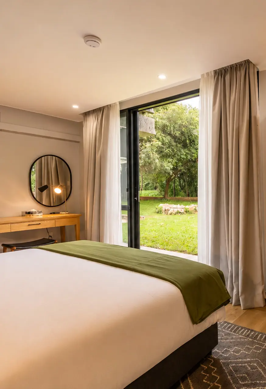 Family Two-Bedroom Villa bedroom overlooking the garden.