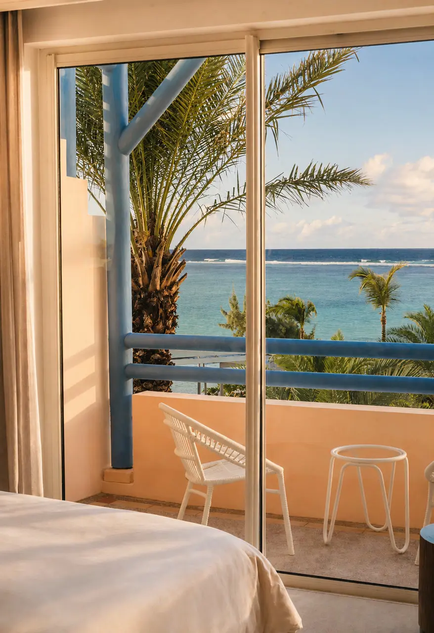 Seaview Room - Private balcony with ocean views, tropical palms, and outdoor seating.