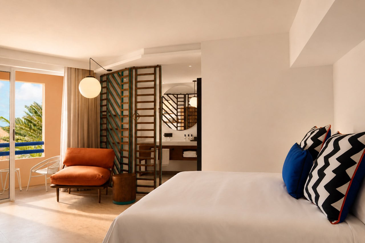 Seaview Room - Contemporary hotel room with a private balcony, ocean views, and warm natural light.