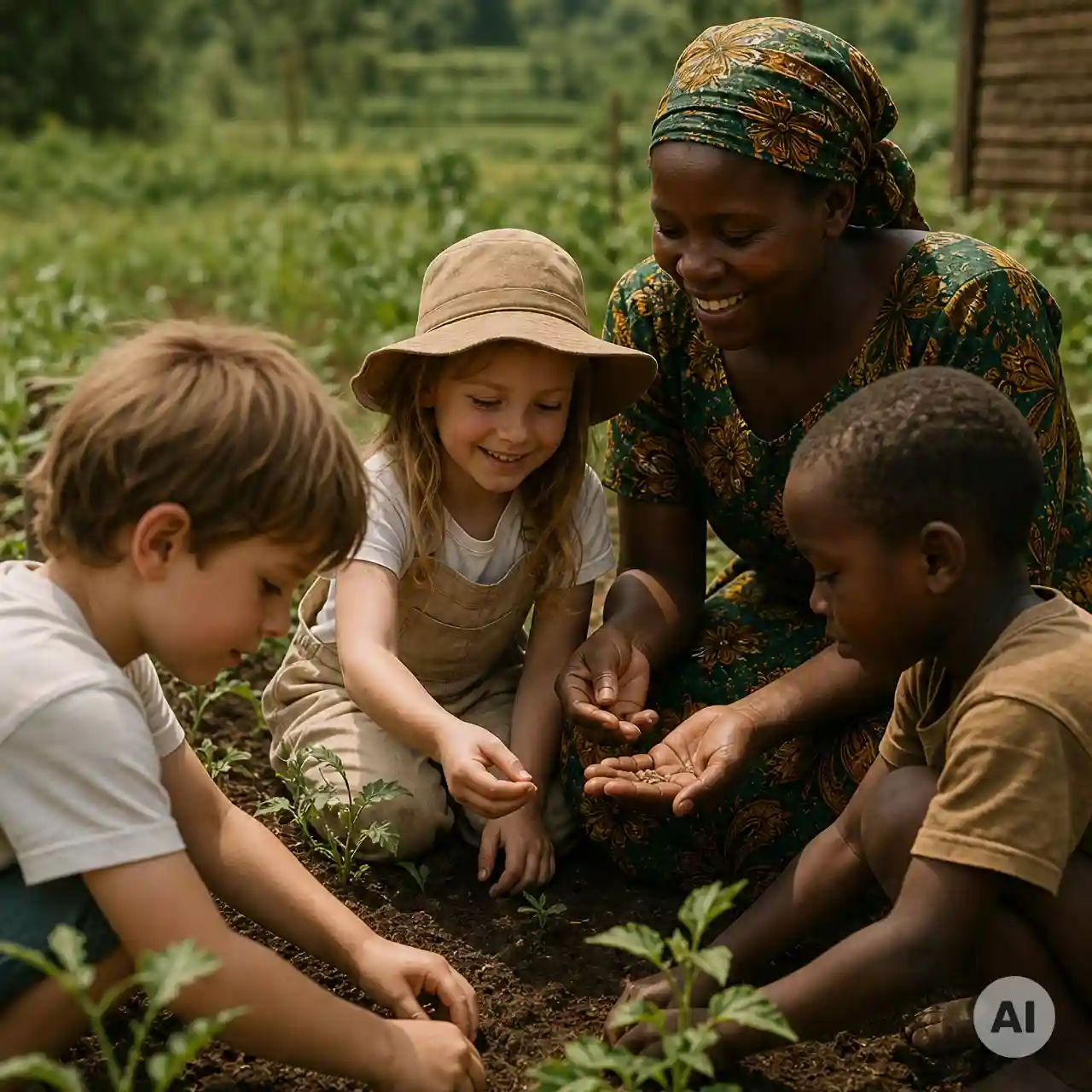 AI-Generated Image - Children gardening with a local farmer at SALT of Akagera.